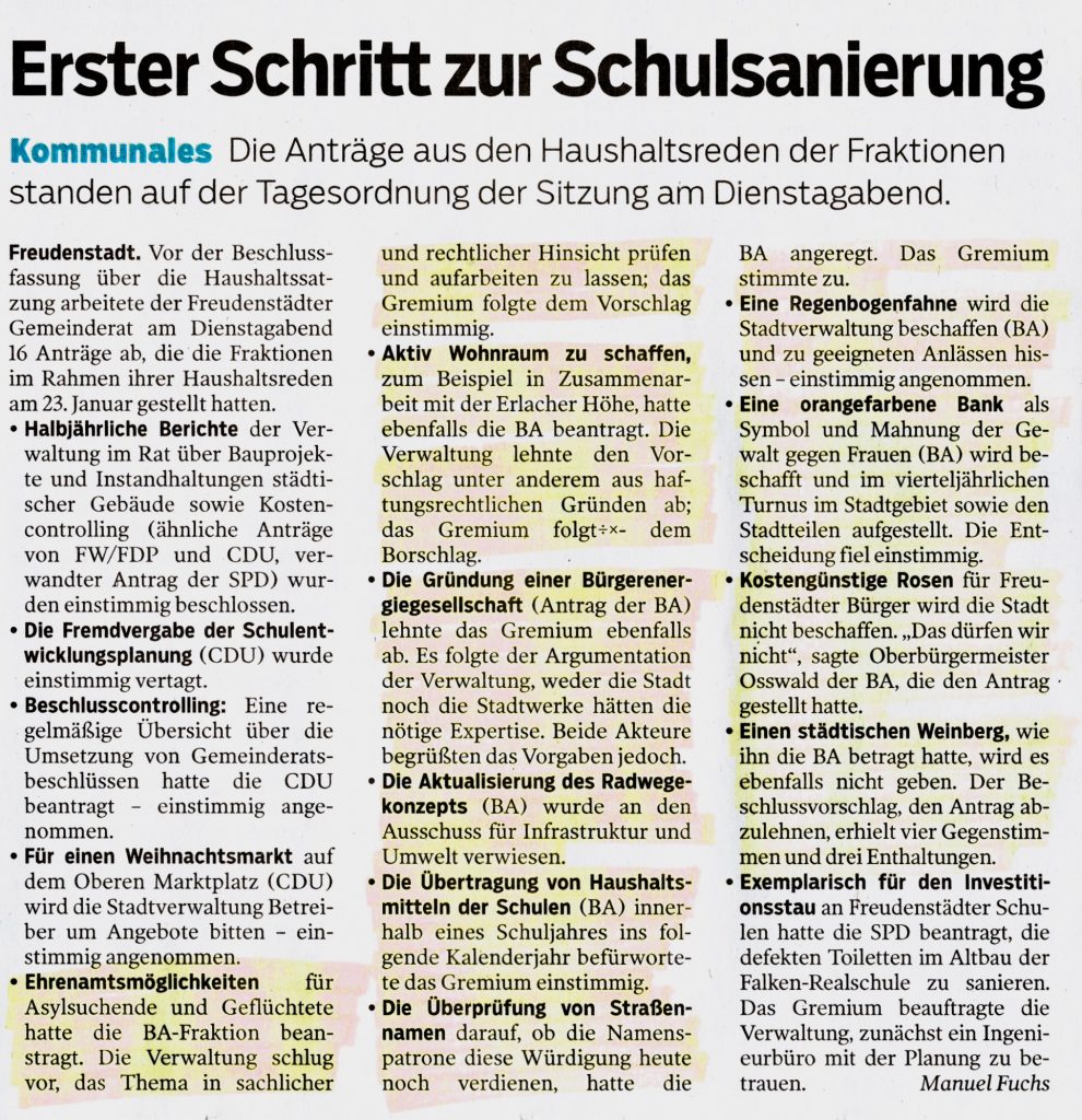 Zeitungsartikel von Manuel Fuchs über die Gemeinderatssitzung mit Haushaltsrede der BA Januar 2024