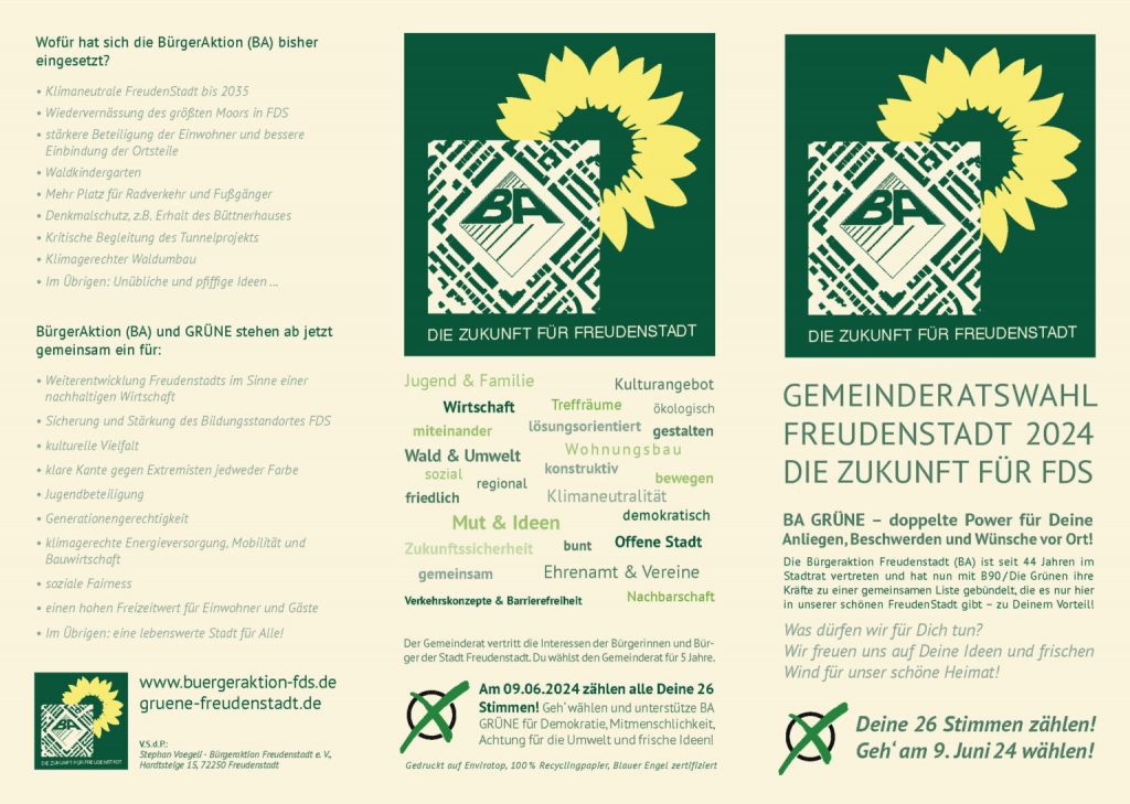 Seite 1 des Flyers von BürgerAktion Grüne zur Gemeinderatswahlt 2024