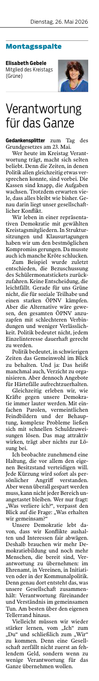 Montagsspalte von Elisabeth Gebele zum Tag des Grundgesetzes